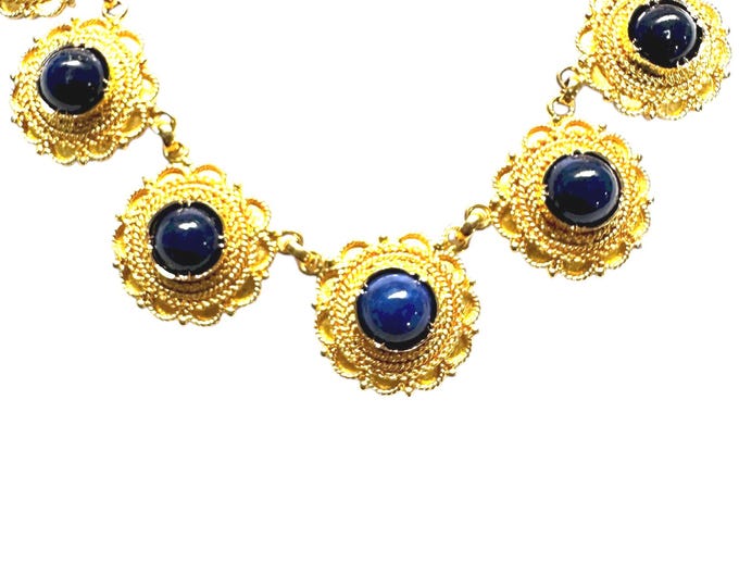 22K Yellow Gold Lapis Choker with Etruscan Design - Elegant Statement Necklace