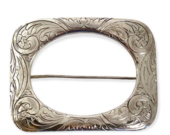 Floral Engraved Silver Tone Brooch: Large Cushion Shape Pin