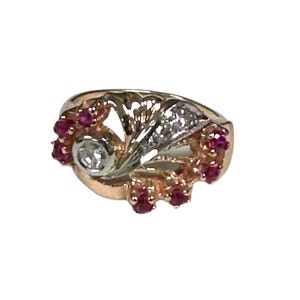 Anillo vintage retro de oro amarillo-rosado de 14 quilates con rubí y diamantes, años 30, joyería de cóctel