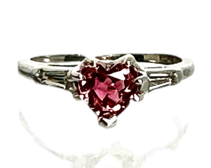 Unique 14K White Gold Heart Shaped Pink Tourmaline Ring with Baguette Diamond Accents