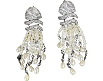 Vintage Sterling Silver Dangle Earrings: Freshwater Pearl & Cubic Zirconia