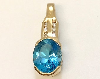 Yellow Gold Blue Topaz and Diamond Pendant, Blue Topaz Pendant