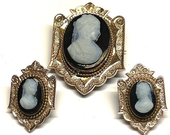 Victorian Cameo Pin and Earring Set, Antique Pin and Earring Set, Cameo Brooch, Cameo Earrings, Pierced Cameo Earrings