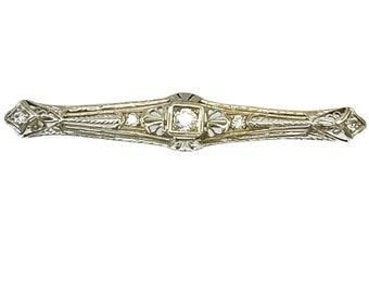 18K White Gold Diamond Bar Pin: Antique Filigree Brooch
