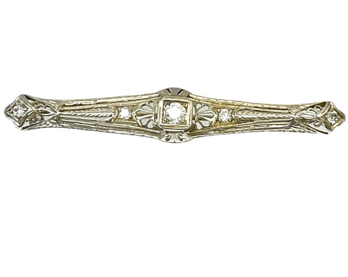 18 Karat White Gold Diamond Bar Pin, Antique Diamond Bar Pin, Filigree Diamond Brooch, Diamond Pin