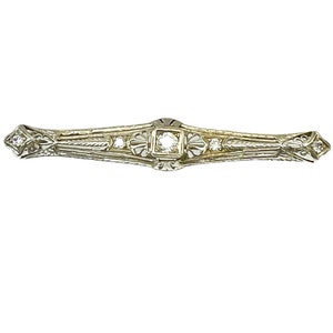18K White Gold Diamond Bar Pin: Antique Filigree Brooch