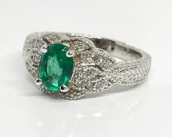 Vintage Emerald Cocktail Ring: 14K White Gold Diamond Accent
