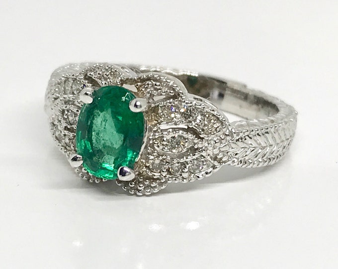 14 Karat White Gold Diamond and Emerald Ring, Emerald Cocktail Ring, Vintage Emerald Ring