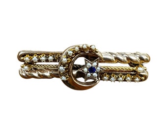 Victorian 10K Yellow Gold Crescent Moon Star Pin: Sapphire & Pearl