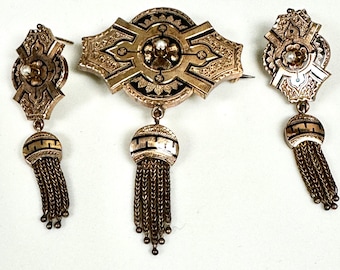 Victorian 14 Karat Yellow Gold Pearl Pin & Earrings Set, Enamel Tassel Jewelry