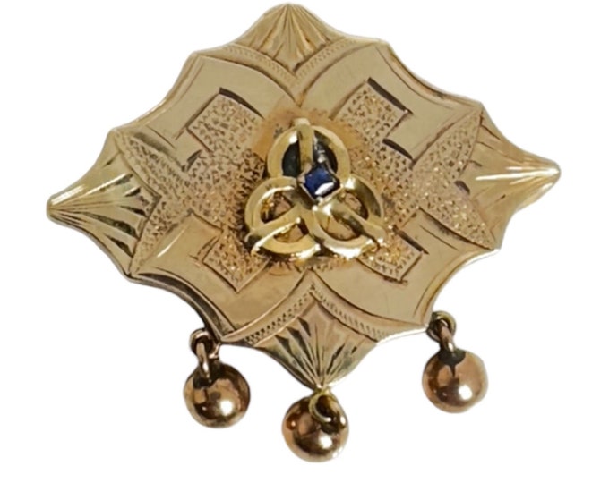 Elegant 14 Karat Yellow Gold Brooch with Synthetic Blue Sapphire & Dangling Ball Accents