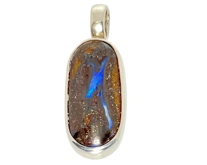 Vintage Sterling Silver Bolder Opal Pendant, Bolder Opal Pendant, Oval Bolder Opal Pendant