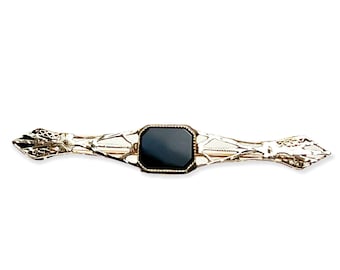 Filigree Black Onyx 10K Gold Bar Pin - Antique Brooch