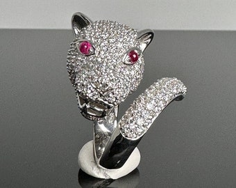 Vintage Sterling Silver Tiger Ring: Cubic Zirconia & Red Crystal Eyes