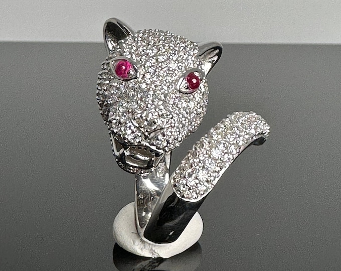 Sterling Silver Cubic Zirconia Tiger Ring, Tiger Ring with Red Crystal Eyes