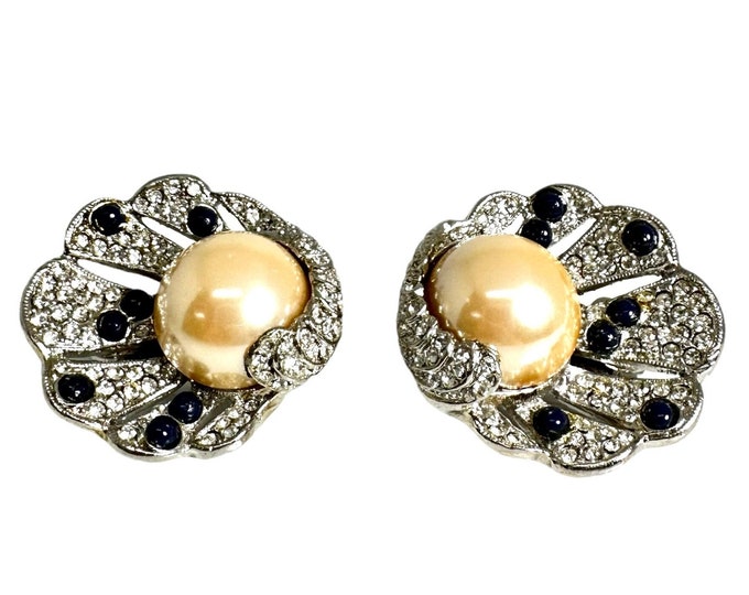 Large Clip On Faux Mabe Pearl and Rhinestone Earrings, Vintage Earrings Signed Les Bernard, Vintage Shell Design Clip On Earrings