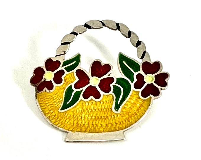 Vintage Hallmarked Sterling Silver and Enamel Basket with Red Flowers Brooch, Flower Brooch, Jose Frederico Enamel Pin