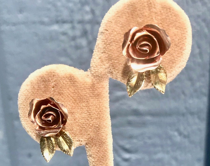 Two Tone Flower Earrings, Pierced Earrings, Yellow and Rose Gold Earrings, Pierced Earrings with Posts, Flower Earrings, Rose Earrings