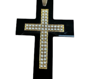 Antique Black Onyx Cross: 14k Yellow Gold & Pearl Inlay (1870s)
