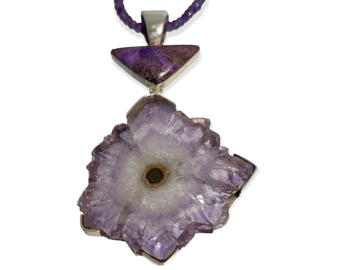 Sterling Vintage Silver Amethyst and Quartz Slice Pendant, Large Amethyst Agate Stalactite Slice, Amethyst and Sugilite Pendant