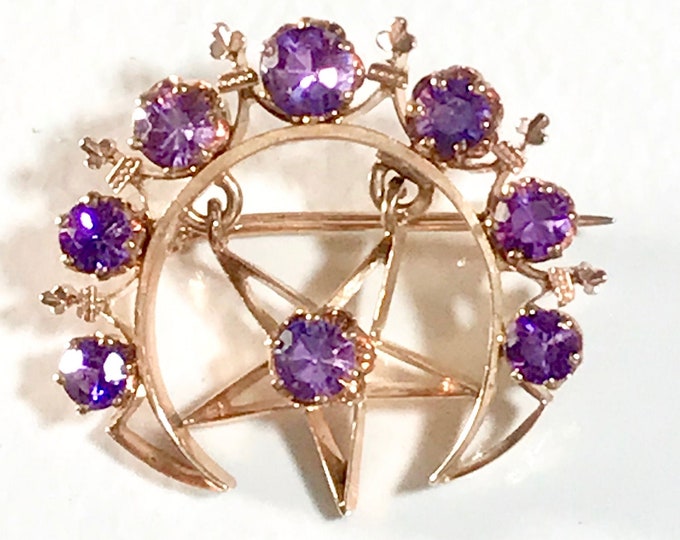 Yellow Gold Amethyst Moon and Star Brooch, Crescent Brooch with Star, Amethyst Brooch, Antique Moon and Star Brooch