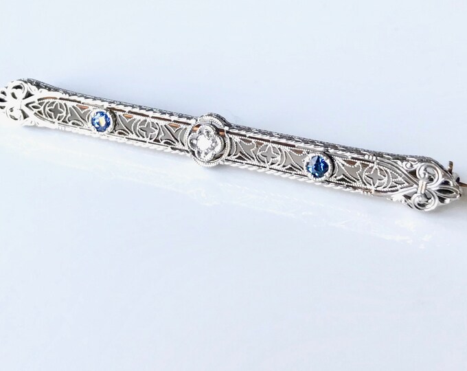 Antique Filigree Bar Pin, Sapphire and Diamond Bar Pin, Sapphire and Diamond Filigree Bar Pin