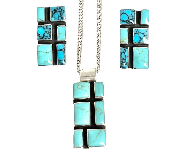 Signed Sterling Silver Turquoise Earring and Pendant Set, Turquoise Parure, Sterling Turquoise Geometric Design Set