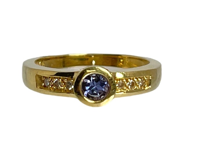 Vintage Sapphire and Diamond Stacking Ring, 18 Karat Yellow Gold Blue Sapphire and Diamond Ring