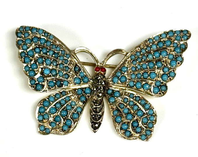 Sterling Silver Marcasite and Faux Turquoise Butterfly Pendant Brooch