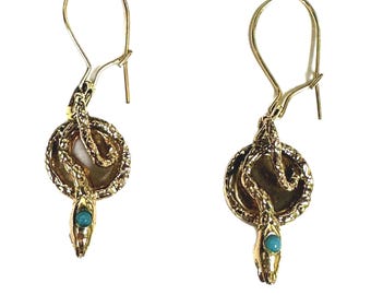 Vintage 14 Karat Yellow Gold Snake Turquoise Dangle Earrings, Wire Back Dangle Snake earrings, Estate Fine Jewelry