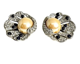 Large Clip On Faux Mabe Pearl and Rhinestone Earrings, Vintage Earrings Signed Les Bernard, Vintage Shell Design Clip On Earrings