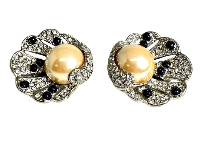 Large Clip On Faux Mabe Pearl and Rhinestone Earrings, Vintage Earrings Signed Les Bernard, Vintage Shell Design Clip On Earrings