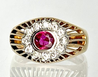 Vintage 14K Yellow Gold Ruby and Diamond Ring, Elevated Ruby Setting