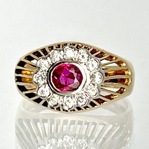 Vintage 14K Yellow Gold Ruby and Diamond Ring, Elevated Ruby Setting