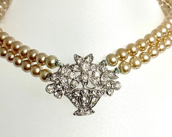 Vintage Laguna Simulated Pearl Choker: Rhinestone Floral Basket Necklace