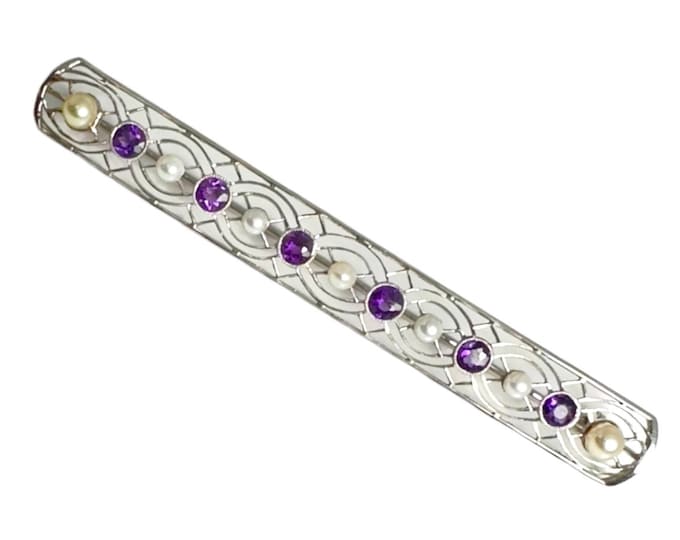 18 Karat White Gold Bar Pin with Cultured Pearls and Amethyst, 18 Karat Brooch