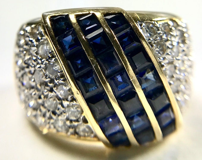Vintage Wide Blue Sapphire and Diamond Band Ring