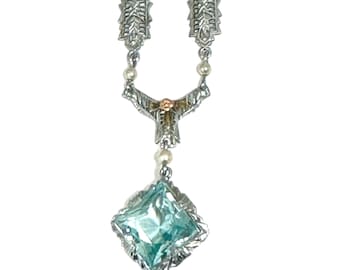 Vintage 1940s Blue Glass Necklace 10K White Gold Filigree Pearl Square Drop Pendant