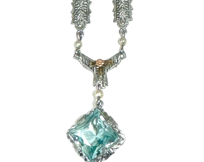 Vintage 1940s Blue Glass Necklace 10K White Gold Filigree Pearl Square Drop Pendant
