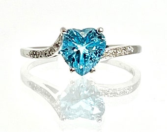 14K White Gold Heart Blue Topaz Ring with Diamond Accents