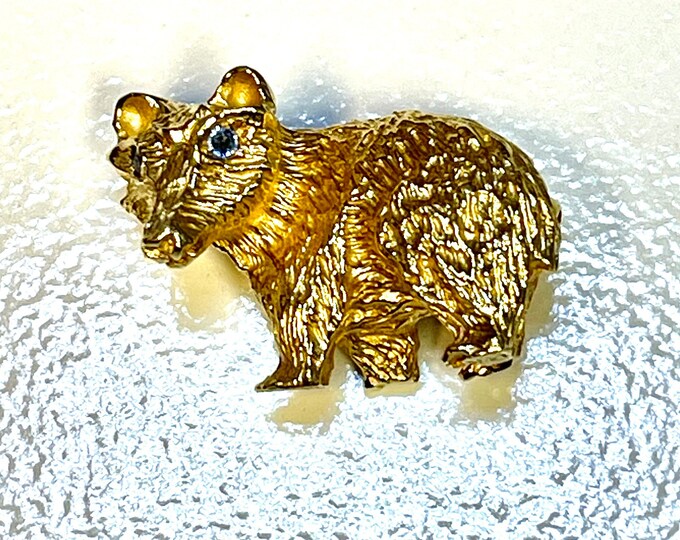 Vintage 14k Yellow Gold Bear Brooch with Sapphire Eyes