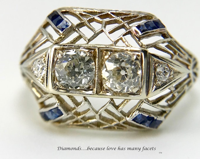 Platinum Diamond Filigree Ring, Antique Platinum Diamond Filigree Ring, Filigree Diamond and Laboratory Grown Sapphire Ring