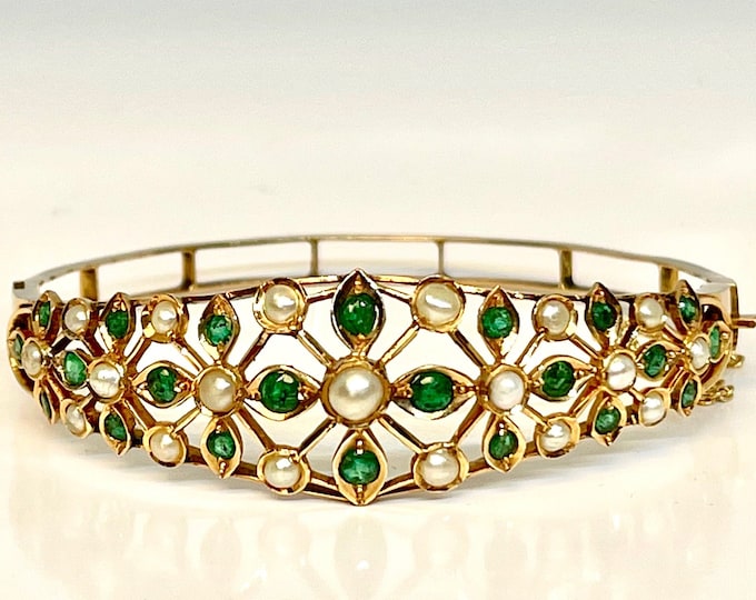 Vintage Yellow Gold Emerald and Pearl Bangle Bracelet, Emerald and Pearl Bracelet, Emerald and Pearl Bangle Bracelet