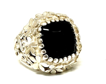 Vintage Sterling Silver Black Onyx Ring, Floral Design Black Onyx Ring