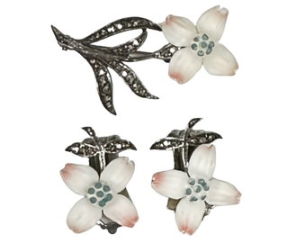 Sterling Silver Marcasite Flower Pin and Earring Set Stamped Germany