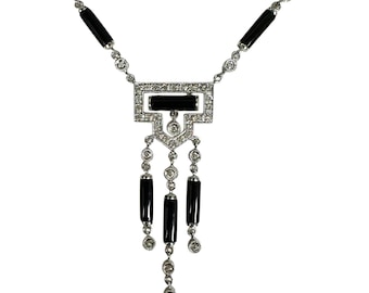 Art Deco Style 14 Karat White Gold Diamond and Black Onyx Necklace