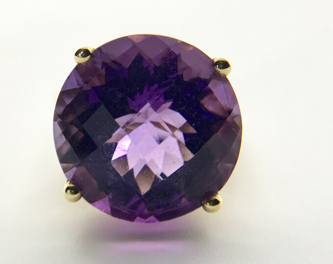 Yellow Gold Amethyst Ring, Vintage Amethyst Ring, Checkerboard Faceted Amethyst, Amethyst Solitaire