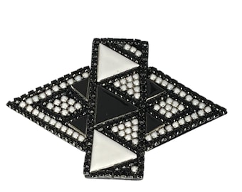 Vintage Roxanne Assoulin Geometric Brooch, Art Deco Style Brooch, Black and White Geometric Pin