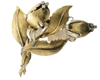 Vintage 14k Gold Flower Brooch: Diamond Accent, 1960s Pin
