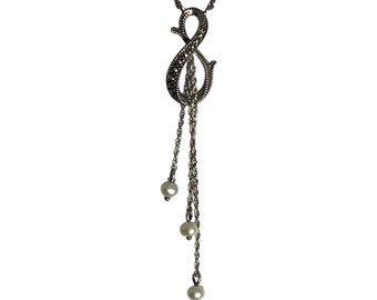 Vintage Marcasite Eternity Pendant Necklace: Sterling Silver & Pearl